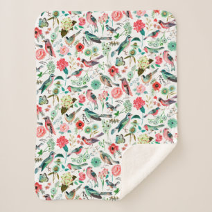 Couverture Sherpa Élégant rose et vert motif Fleurs et oiseaux
