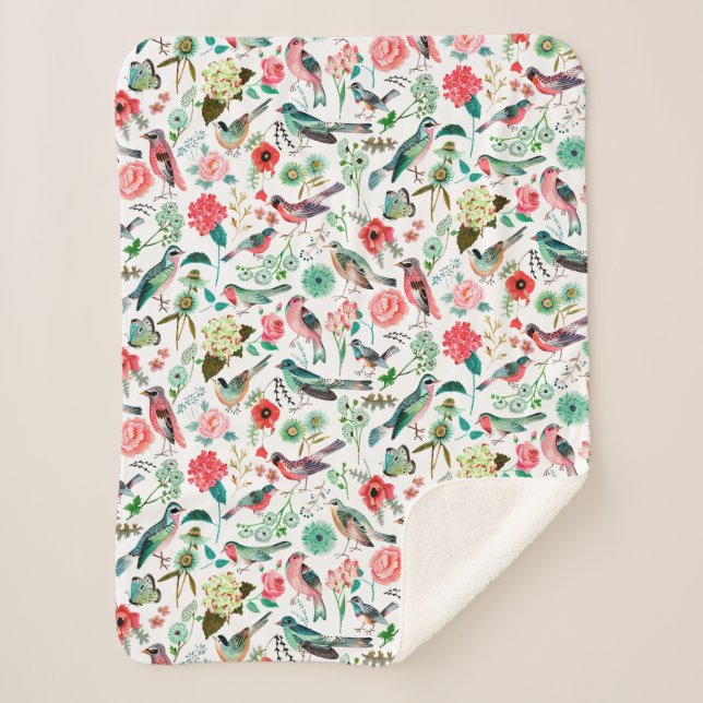 Couverture Sherpa Élégant rose et vert motif Fleurs et oiseaux (Devant)