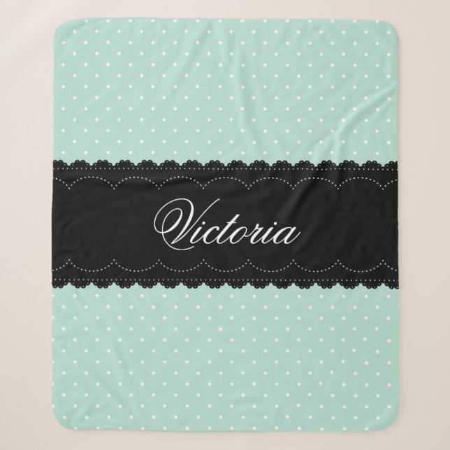 Couverture Sherpa Elégante Monnaie Bleue Polka Dot Noir Dentelle Nom (Devant)