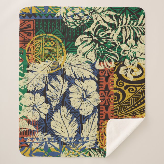 Couverture Sherpa Éléments tribaux hawaïens et tissu hibiscus (Devant)