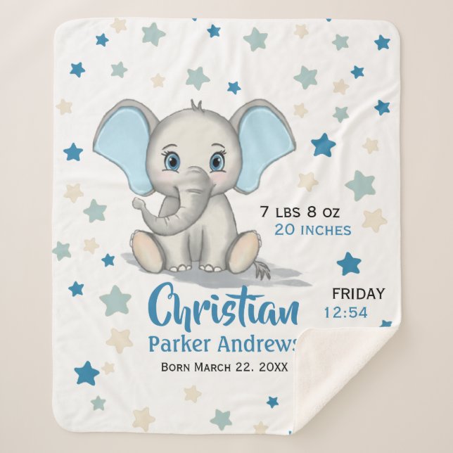 Couverture Sherpa Eléphant Bébé mignon avec oreilles bleues Boy Stat (Devant)