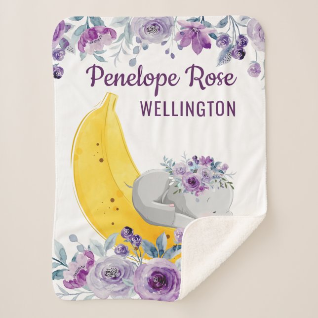 Couverture Sherpa Eléphant mignon sur une banane + Fleurs violettes  (Devant)