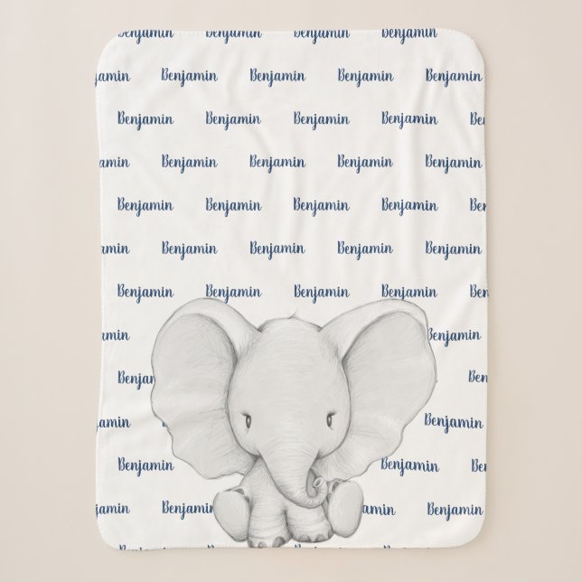 Couverture Sherpa Éléphant Personnalisé Navy Nom Bleu Garçon (Devant)