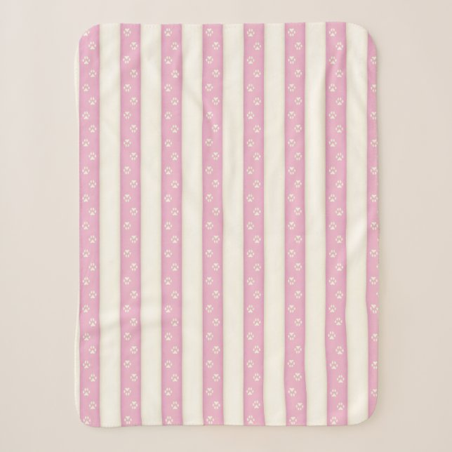 Couverture Sherpa Empreintes de pattes de chien rose & rayures blanc (Devant)