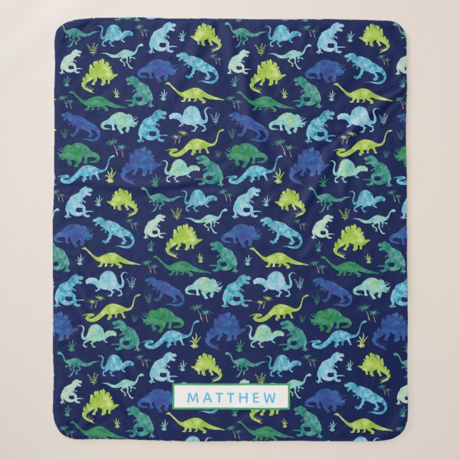 Couverture Sherpa Enfants Personnalisés Dinosaur Blue Green Boys Mot (Devant)