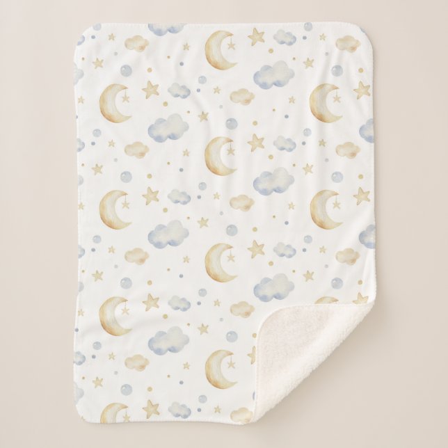 Couverture Sherpa Etoiles de lune d'aquarelle et Motif de nuage (Devant)