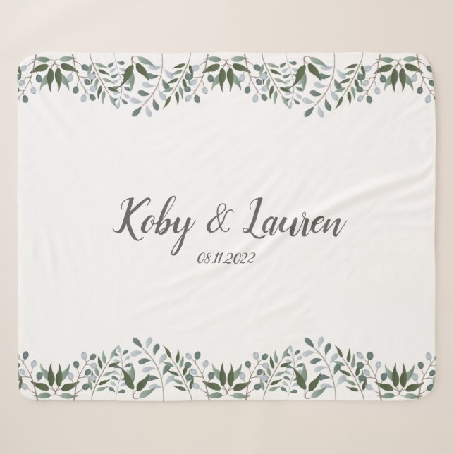Couverture Sherpa Eucalyptus Green Anniversaire Floral Date (Devant (Horizontal))