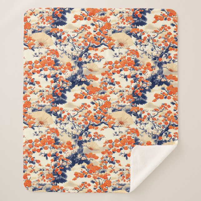Couverture Sherpa Éventail de motif de fleurs de cerisier japonais ( (Devant)
