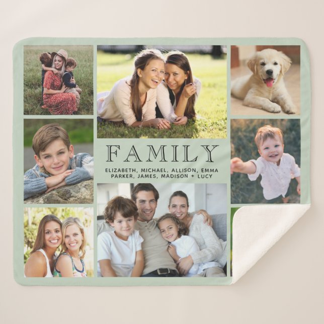 Couverture Sherpa Famille 8 Photo Collage Sage Green (Devant (Horizontal))