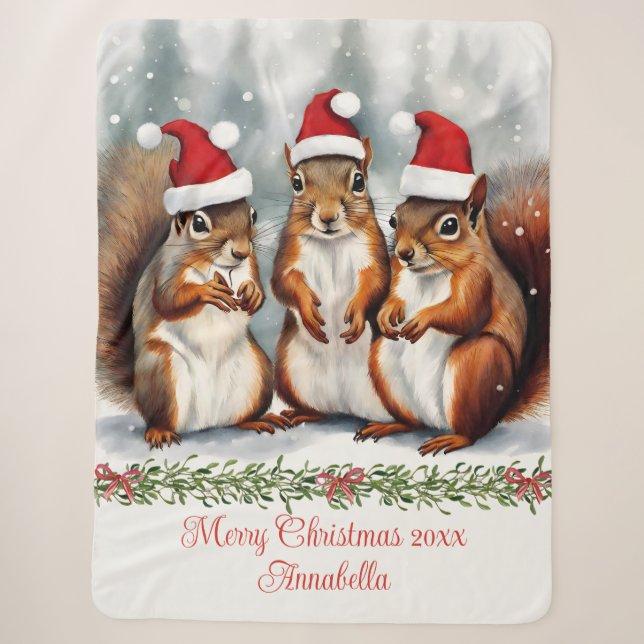Couverture Sherpa Famille d'écureuils Noël personnalisé (Devant)