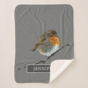 Couverture Sherpa Famille d'oiseaux mignonne Robin monogrammed gris