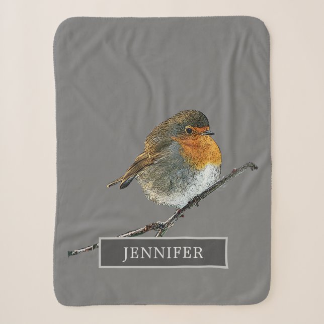 Couverture Sherpa Famille d'oiseaux mignonne Robin monogrammed gris (Devant)