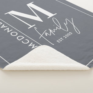 Couverture Sherpa Famille monogramme moderne marine gris élégant