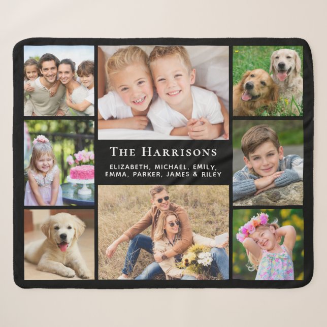 Couverture Sherpa Famille Monogramme Nom 8 Photo Collage noir (Devant (Horizontal))