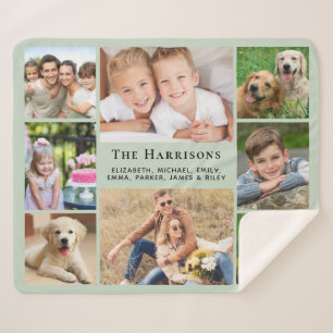 Couverture Sherpa Famille Monogramme Nom 8 Photo Collage Sage Green
