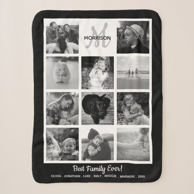 Couverture Sherpa Famille Monogramme Photo Collage 11 Black White Ph (Devant)