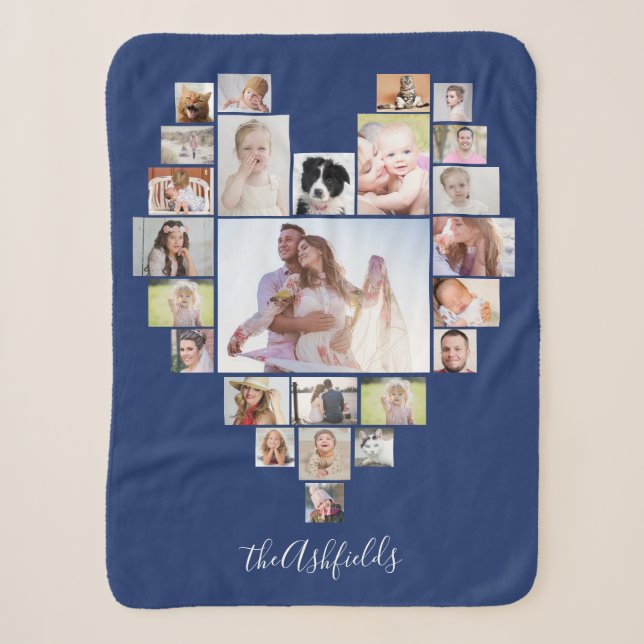 Couverture Sherpa Famille Photo Collage Coeur 25 Photos Nom Bleu (Devant)