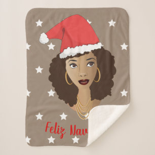 Couverture Sherpa Feliz Navidad, Femme noire, Étoiles blanches, Brow