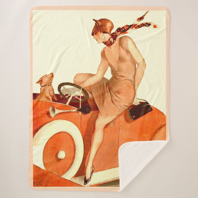 Couverture Sherpa Femme, voiture et chien des années 1920 (Devant)