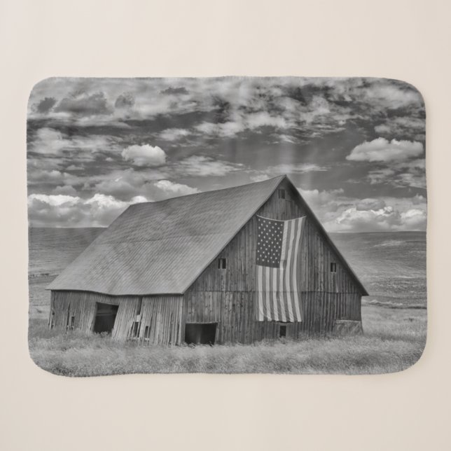 Couverture Sherpa Fermes | BW American Flag Barn Scene (Devant (Horizontal))