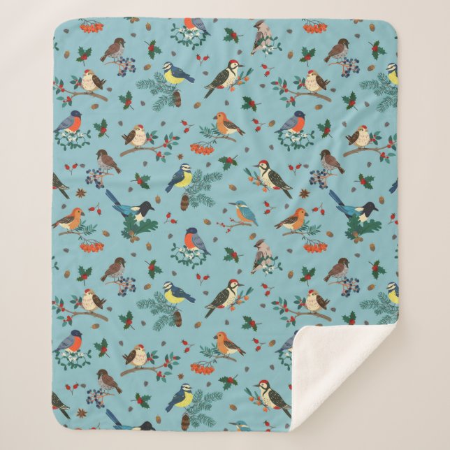 Couverture Sherpa Festif Oiseaux d'hiver Motif de Noël (Devant)