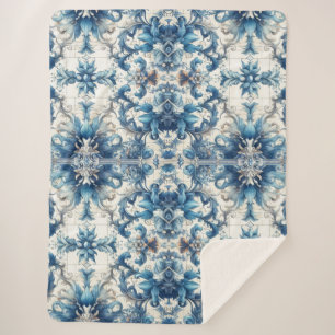 Couverture Sherpa Feuillage Décoratif Bleu Et Blanc