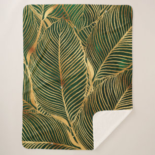 Couverture Sherpa Feuille d'or Forêt verte Élégant Motif