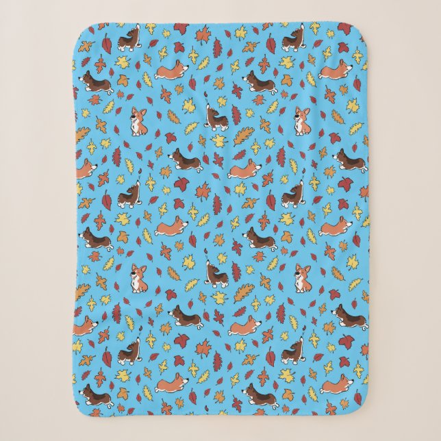 Couverture Sherpa Feuilles de chute Corgi Turquoise (Devant)