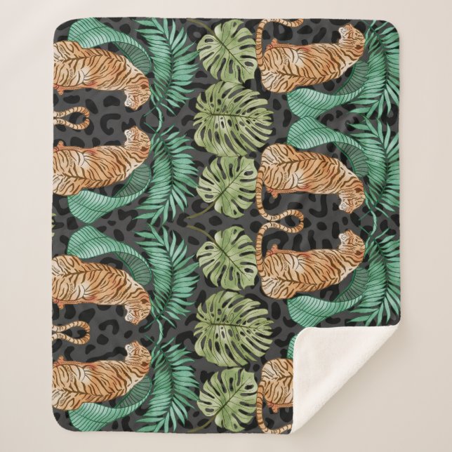 Couverture Sherpa Feuilles de tigres : Aquarelle Jungle sans joint. (Devant)