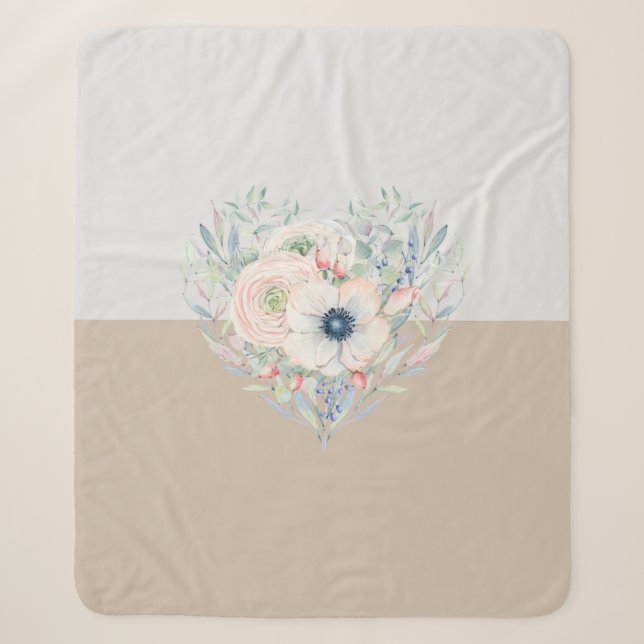 Couverture Sherpa Feuilles & Fleurs Aquarelle Coeur (Devant)