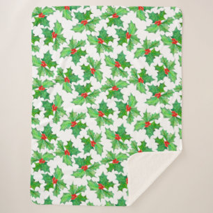 Couverture Sherpa Feuilles saints, baies, rouge, Noël floral vert