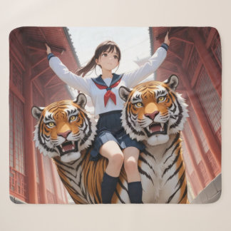 Couverture Sherpa Fille d'anime scolaire chevauchant un tigre du Ben