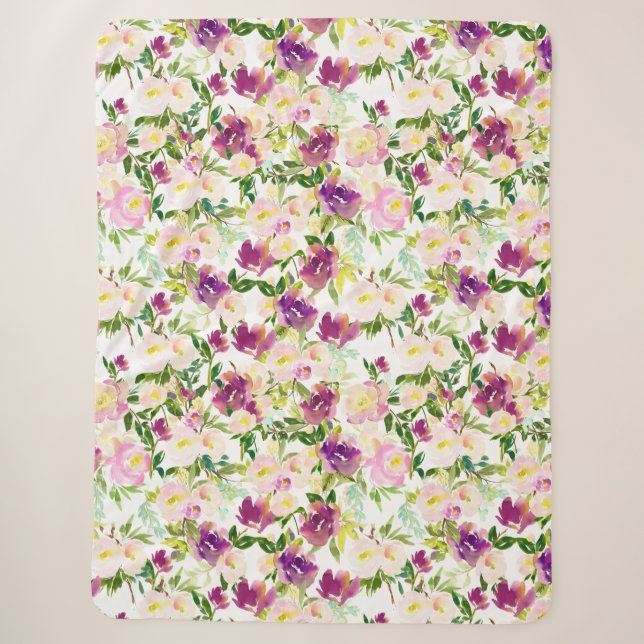 Couverture Sherpa Fille Rose Peach Purple Burgundy Aquarelle Florale (Devant)