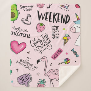 Couverture Sherpa Filles concept amusant avec licorne, flamingo, cac