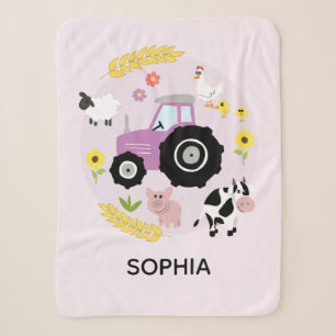 Couverture Sherpa Filles Cute Rose Farm Animaux Tracteur & Nom Enfan