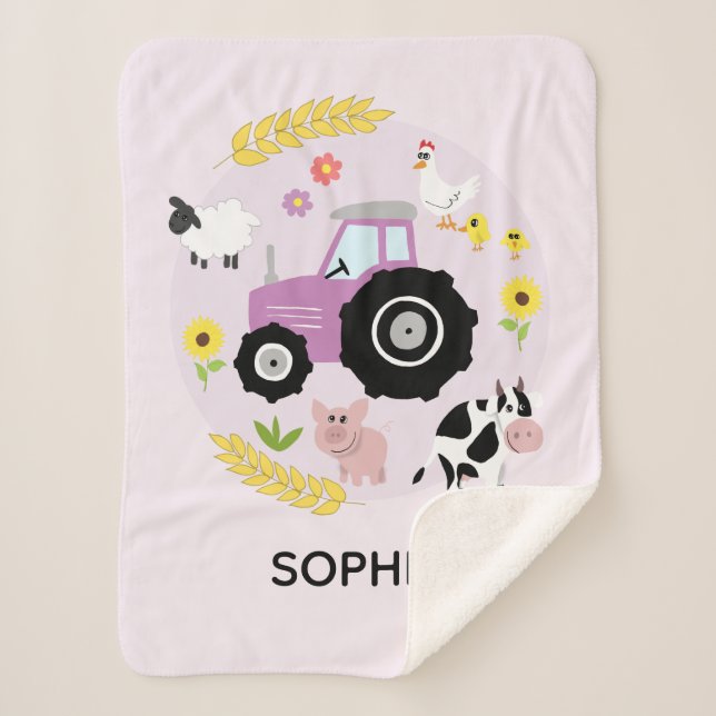 Couverture Sherpa Filles Cute Rose Farm Animaux Tracteur & Nom Enfan (Devant)