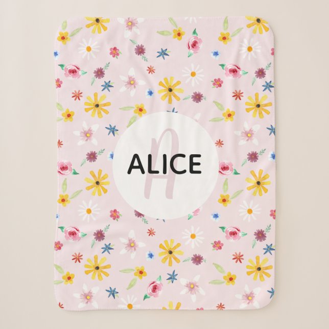Couverture Sherpa Filles Florales Fleur rose et nom Monogrammes Enfa (Devant)