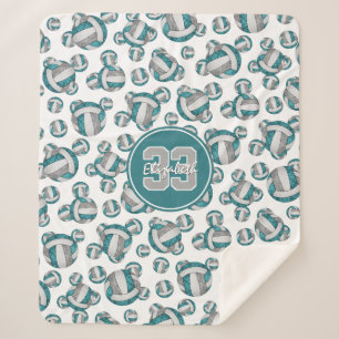 Couverture Sherpa filles personnalisées turquoise gris blanc volleyb