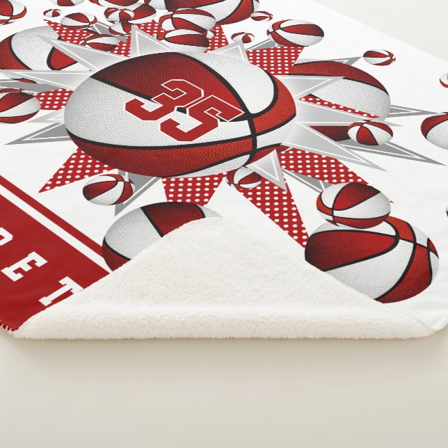 Couverture Sherpa filles rouge blanc basketballs étoiles personnalis (3/4)