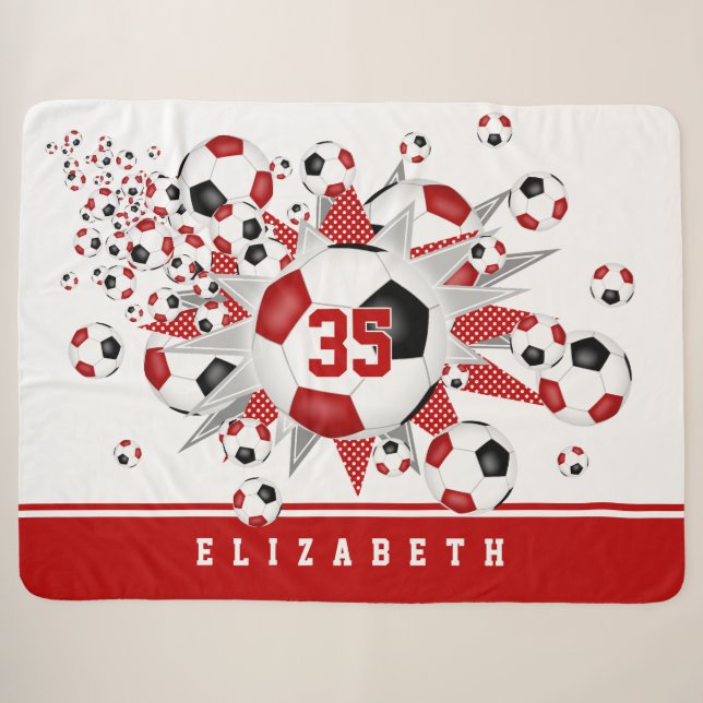 Couverture Sherpa filles rouge noir balle de football étoiles (Devant (Horizontal))