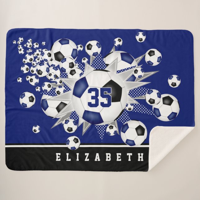 Couverture Sherpa filles sport ballon de football étoiles bleu noir (Devant (Horizontal))