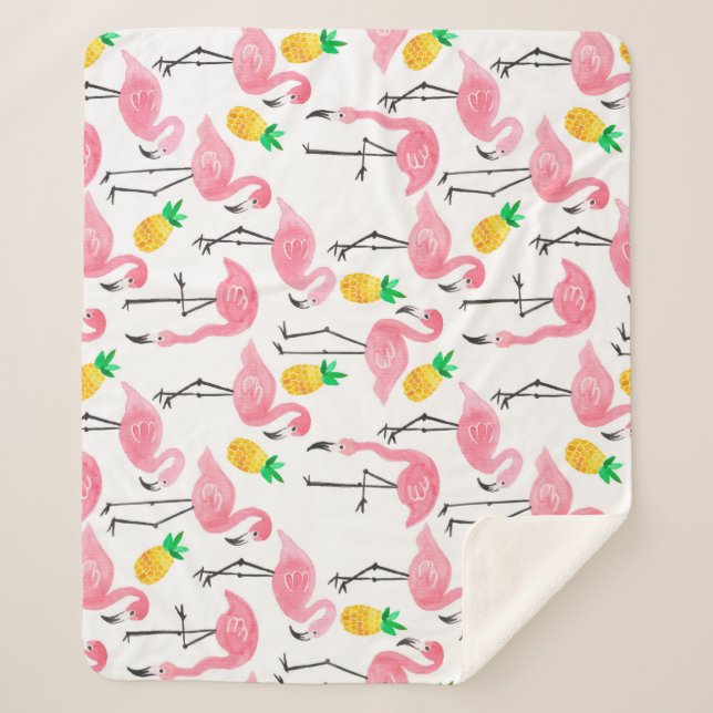 Couverture Sherpa Flamant rose aquarelle et ananas : Ensemble tropic (Devant)