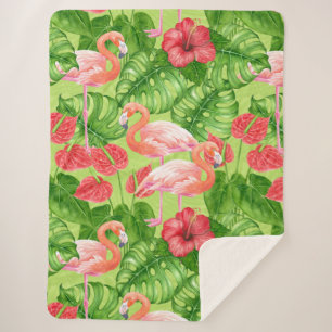 Couverture Sherpa Flamant rose et plantes tropicaux
