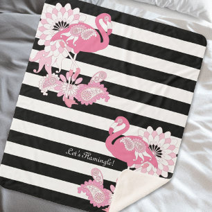 Couverture Sherpa Flamant Rose Fantaisiste Rayures Noires et Blanche