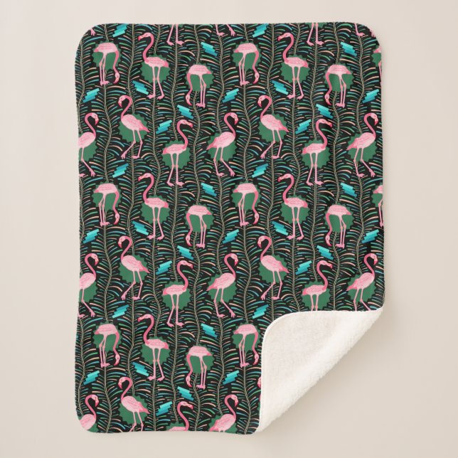 Couverture Sherpa Flamant rose Oiseaux 20s Déco Ferns Motif Rose noi (Devant)