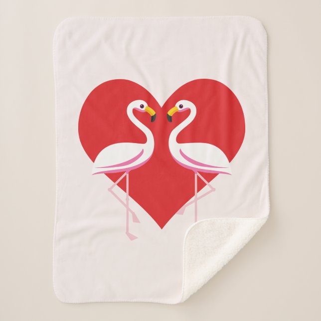 Couverture Sherpa Flamants roses blancs mignons rose avec coeur roug (Devant)