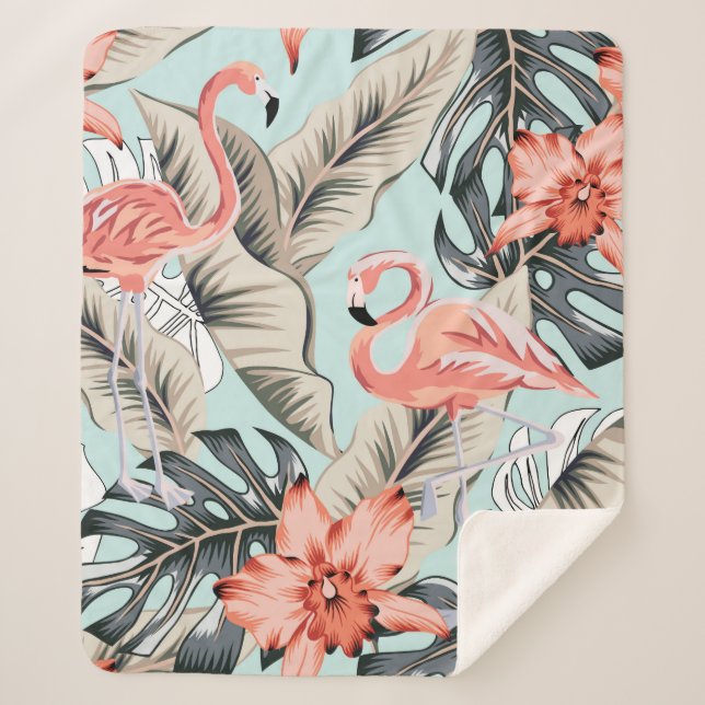 Couverture Sherpa Flamingo rose tropicale avec fleurs d'orchidées et (Devant)