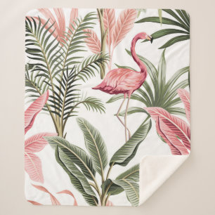 Couverture Sherpa Flamingo vintage rose tropicale, bananiers et