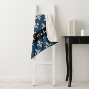 Couverture Sherpa Fleur de Lis, Beige sur Bleu Nuit, Royal, Votre No