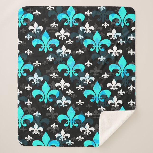 Couverture Sherpa Fleur De Lis Blanc Bleu (Devant)